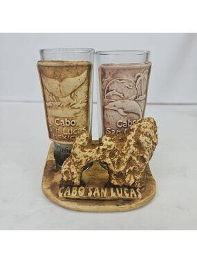 Cabo San Lucas Shot Glass Stand With Two Shot Glasses Mexico Souvenir Barware